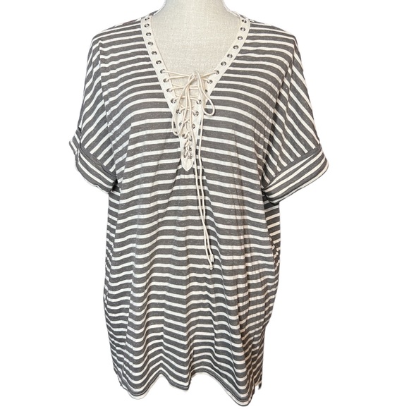Umgee Tops - Umgee Striped Lace Up Blouse